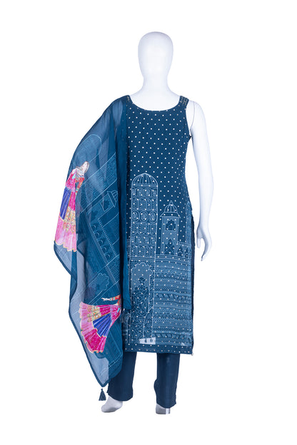 Peacock Blue Chinon Kurti Pant 3 Pieces Set