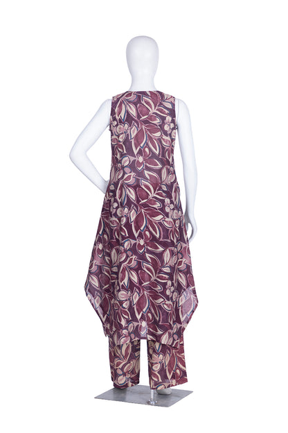 Wine Rayon Printed Kurti Plazo Set