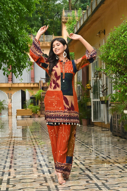 Brown Rayon Kurti Plazo 2 Pieces Set