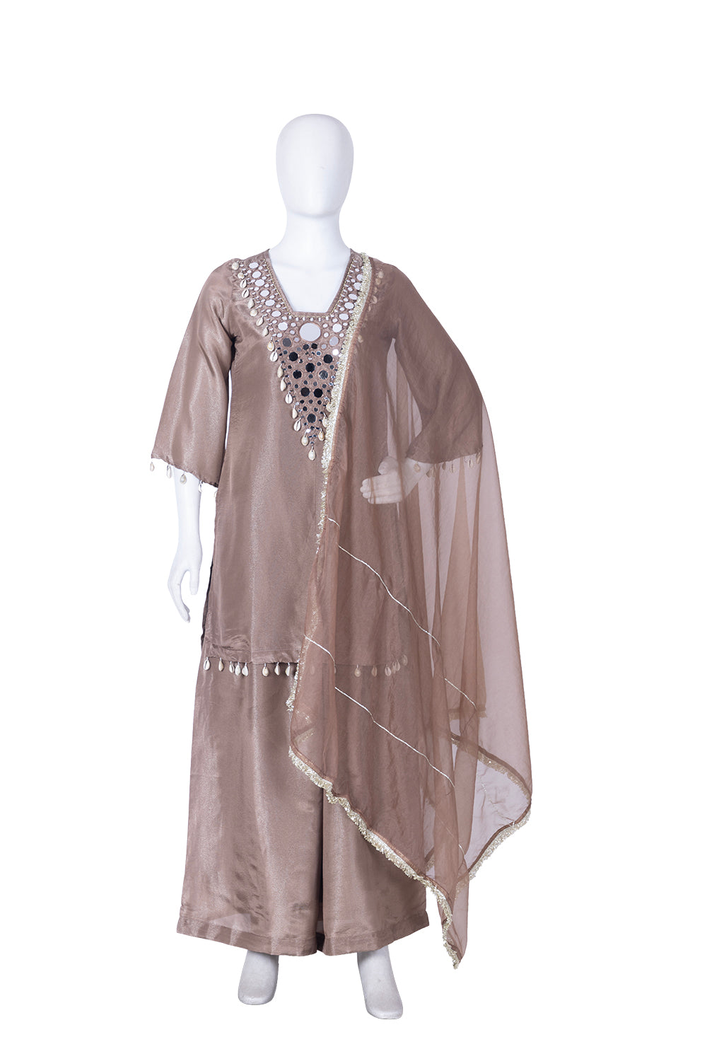 L Brown Tissue Kurti Plazo 3 Pieces Set
