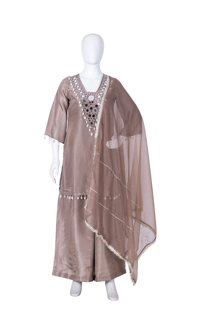 L Brown Tissue Kurti Plazo 3 Pieces Set