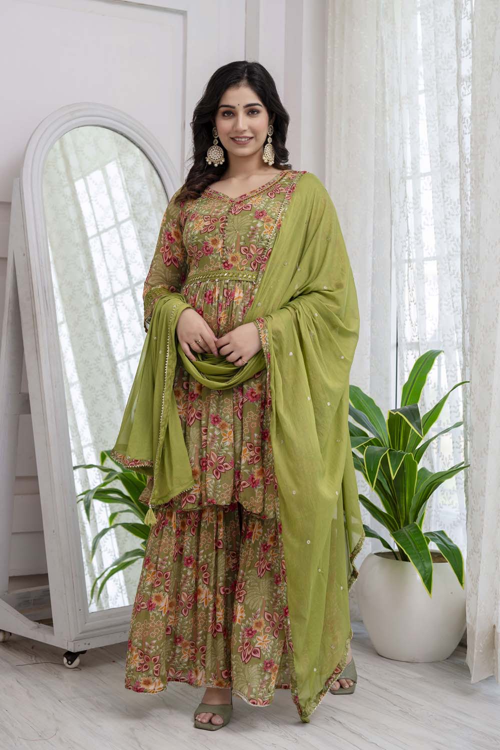 KAIRA MEHANDI GREEN POPLON KURTI PLAZO DUPATTA SET