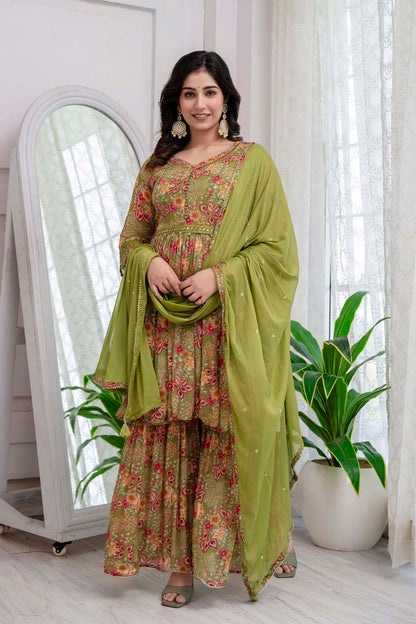 KAIRA MEHANDI GREEN POPLON KURTI PLAZO DUPATTA SET