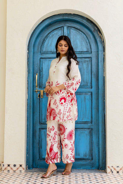 Half White Chinon Kurti Pant Set