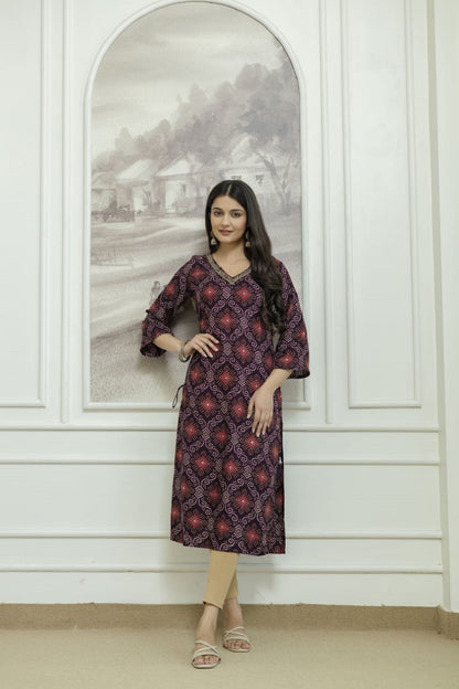 Wine Rayon Handwork Straight Cut Kurti