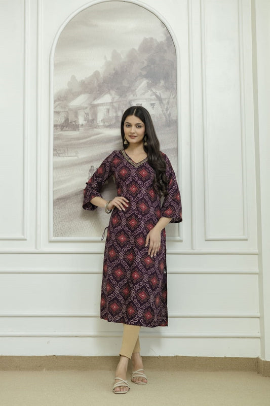 Wine Rayon Handwork Straight Cut Kurti