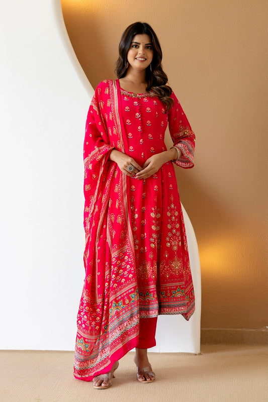 Rani Pink Crepe Frock Kurti 3 Pieces Set