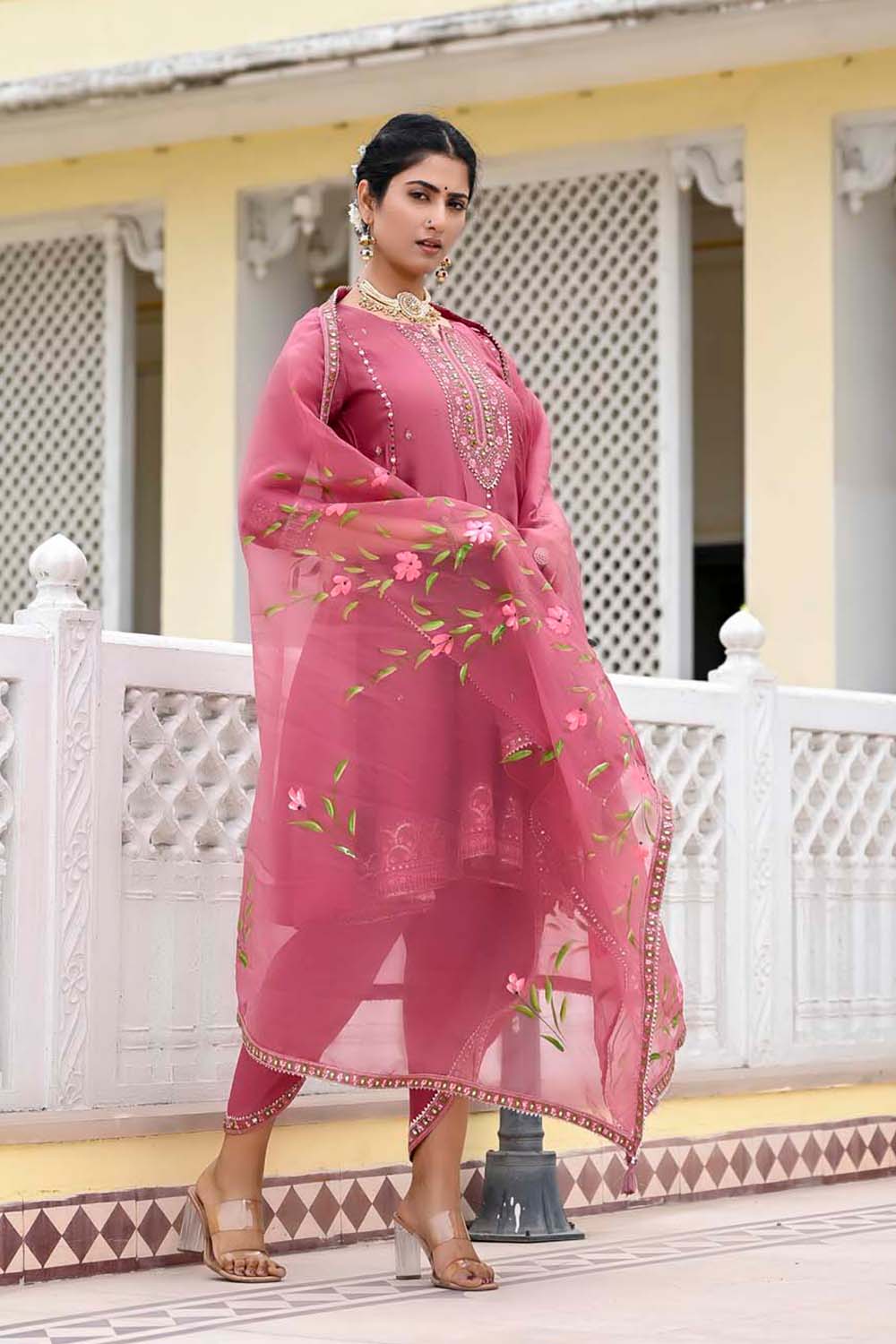 KAIRA PINK POPLON FROCK DHOTI DUPATTA SET