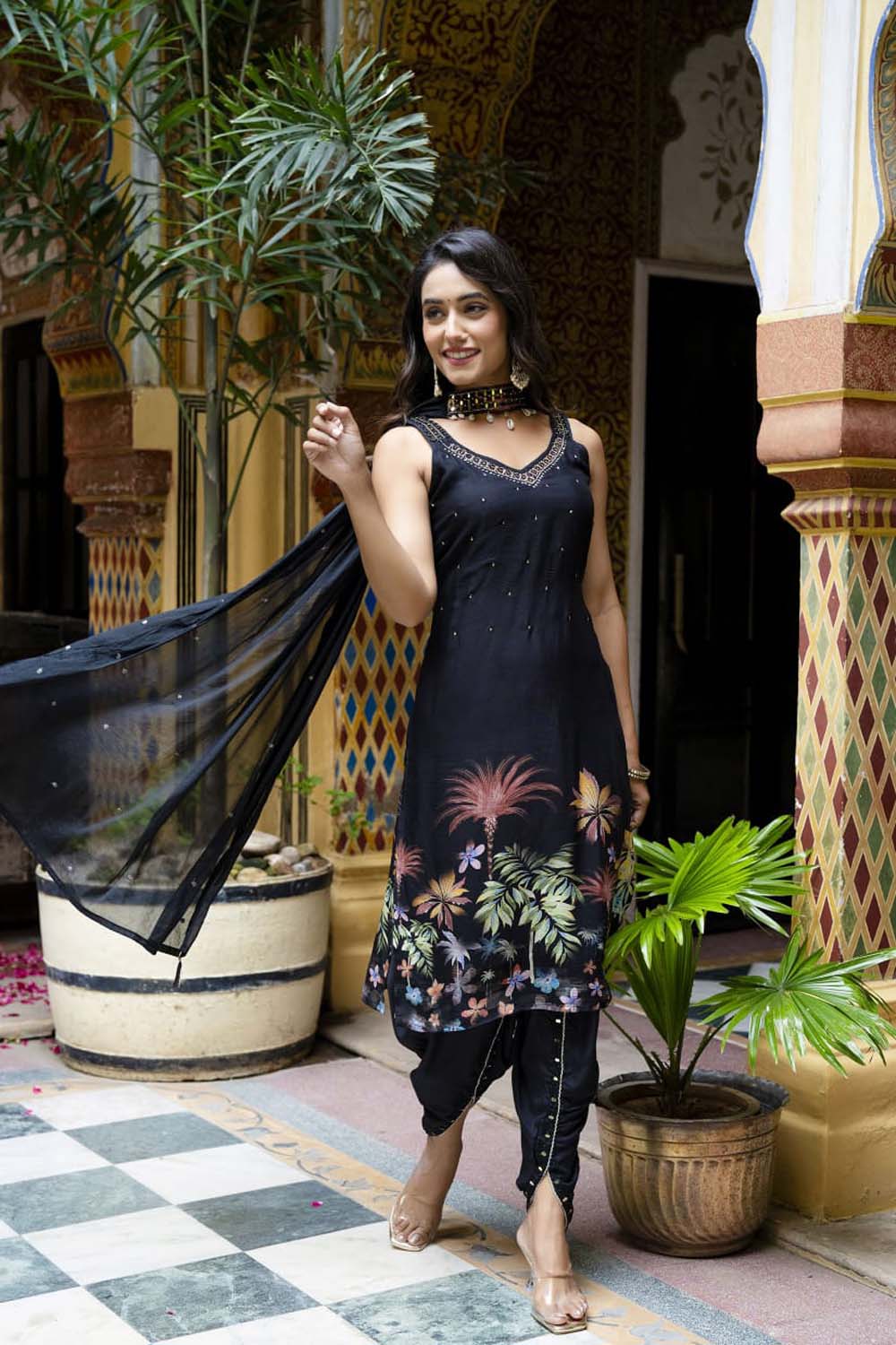 KAIRA BLACK STRAP KURTI WITH DHOTI & DUPATTA SET