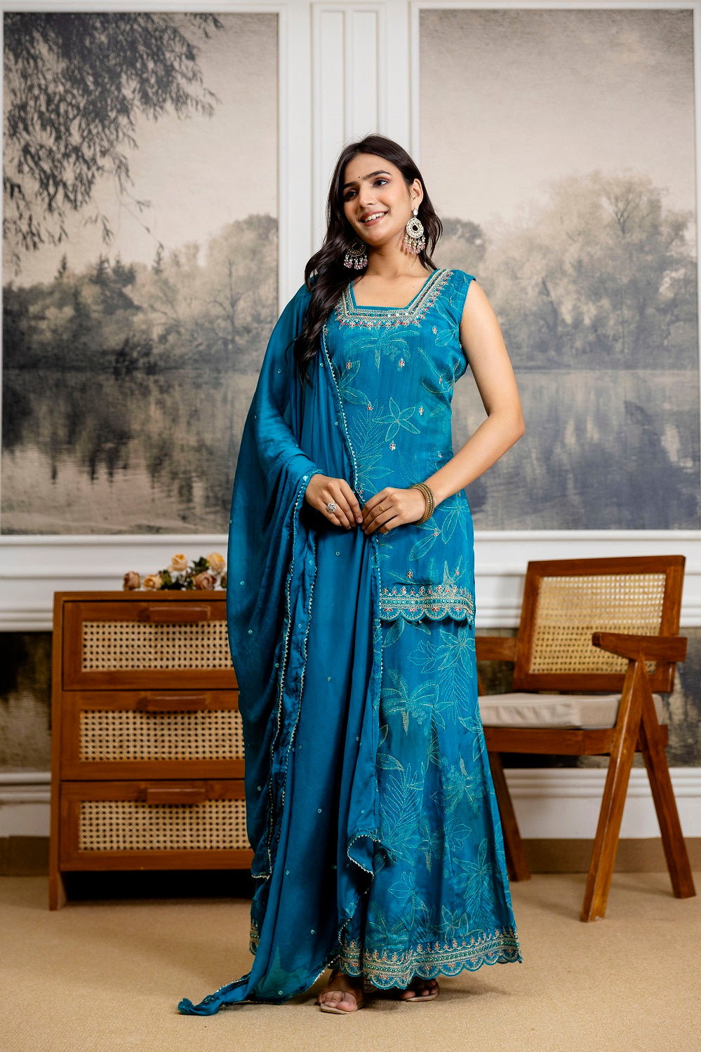 Rama Green Chinon Garara Kurti 3 Pieces Set