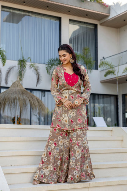 Brown Chinon Garara Kurti 3 Pieces Set