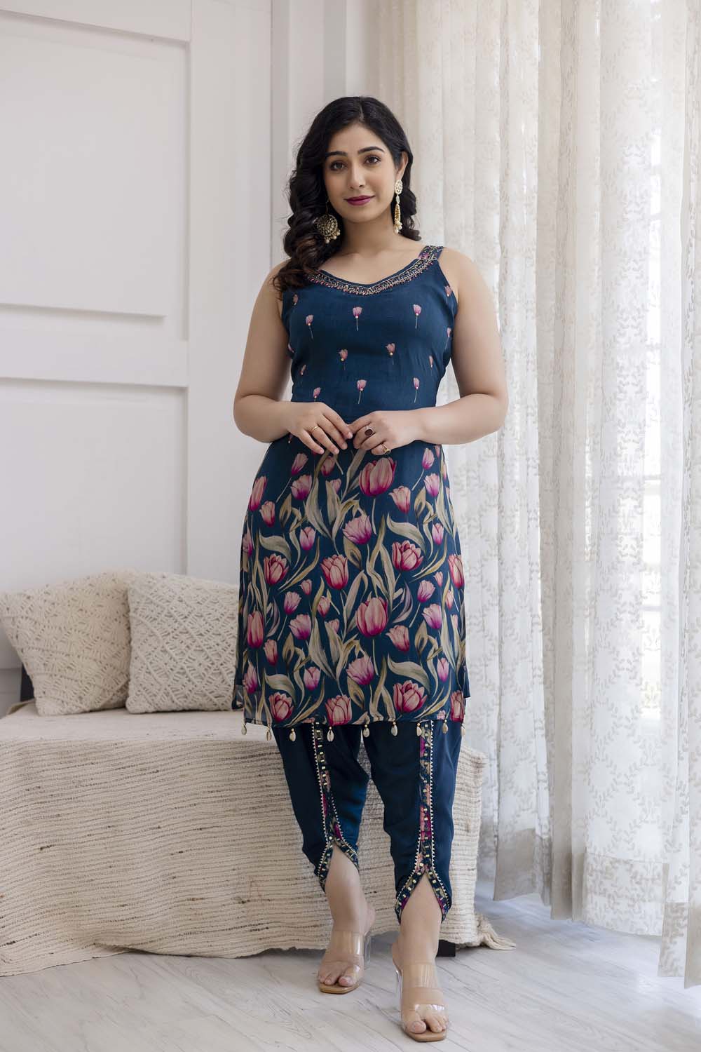 PEACOCK BLUE STRAP KURTI WITH DHOTI AND DUPATTA