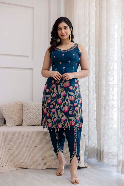 Peacock Blue Strap Kurti With Dhoti And Dupatta