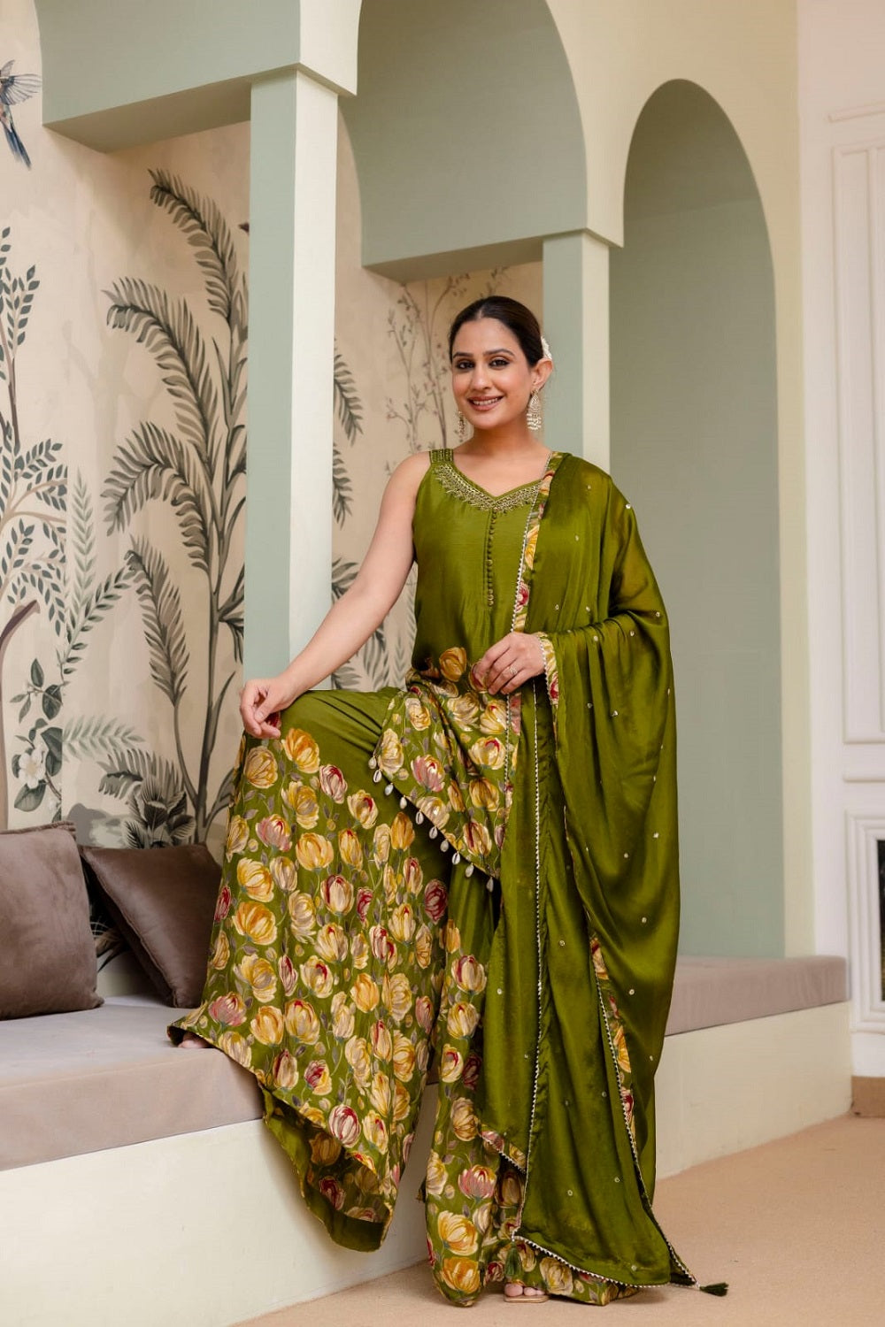 M Green Silk Kurti Sharara 3 Pieces Set