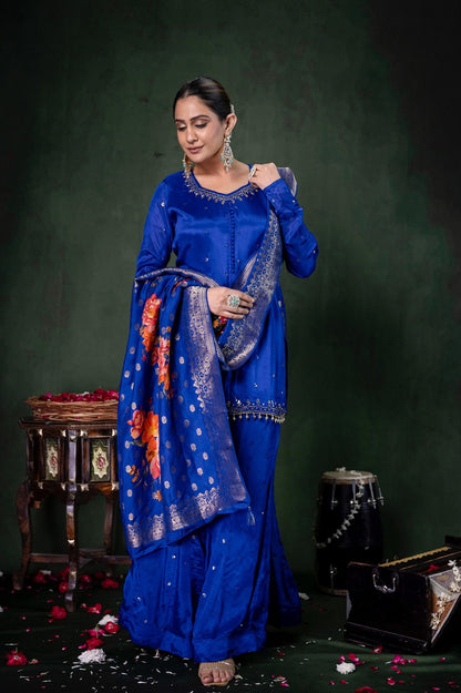 Royal Blue Chinon Garara Kurti 3 Pieces Set