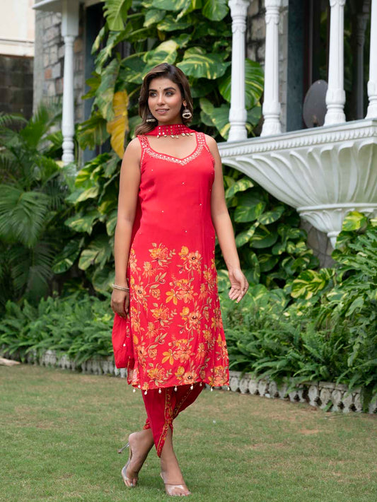 Red Party Queen Strap Kurti With Dhoti And Dupatta