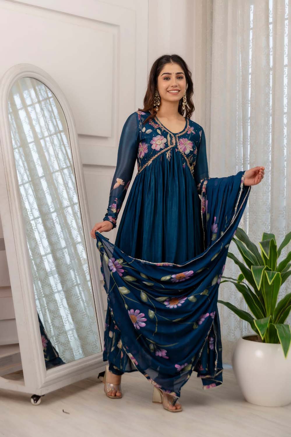 BLUE KURTI FROCK WITH PANT AND DUPATTA SET