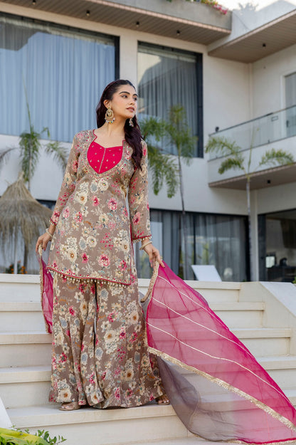 Brown Chinon Garara Kurti 3 Pieces Set