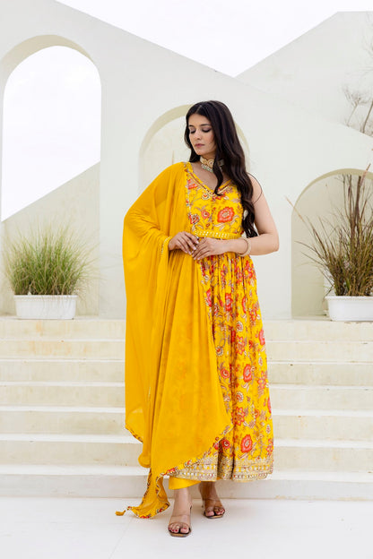 Yellow Chinon Frock Kurti 3 Pieces Set