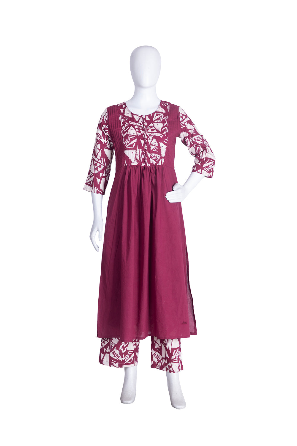Wine Cotton Kurti Straight Plazo 3 Pieces Set
