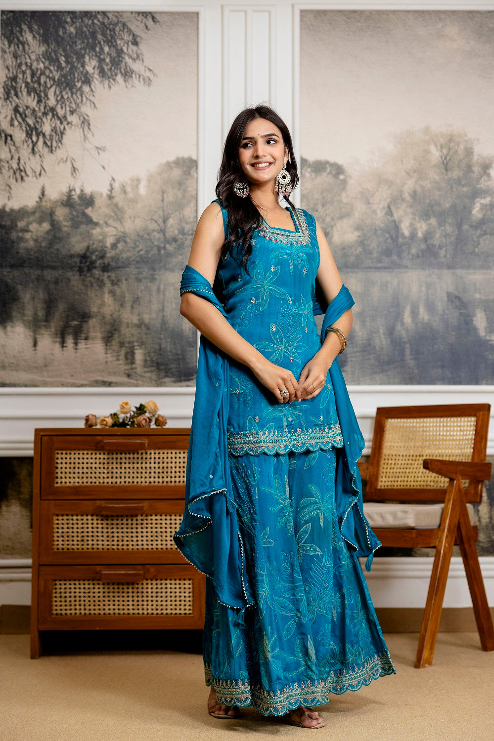 Rama Green Chinon Garara Kurti 3 Pieces Set
