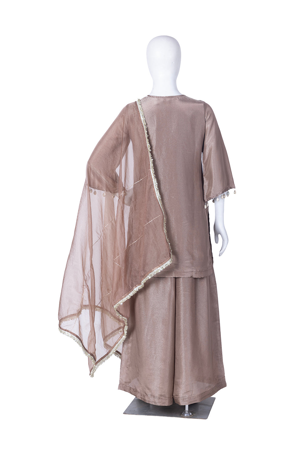 L Brown Tissue Kurti Plazo 3 Pieces Set