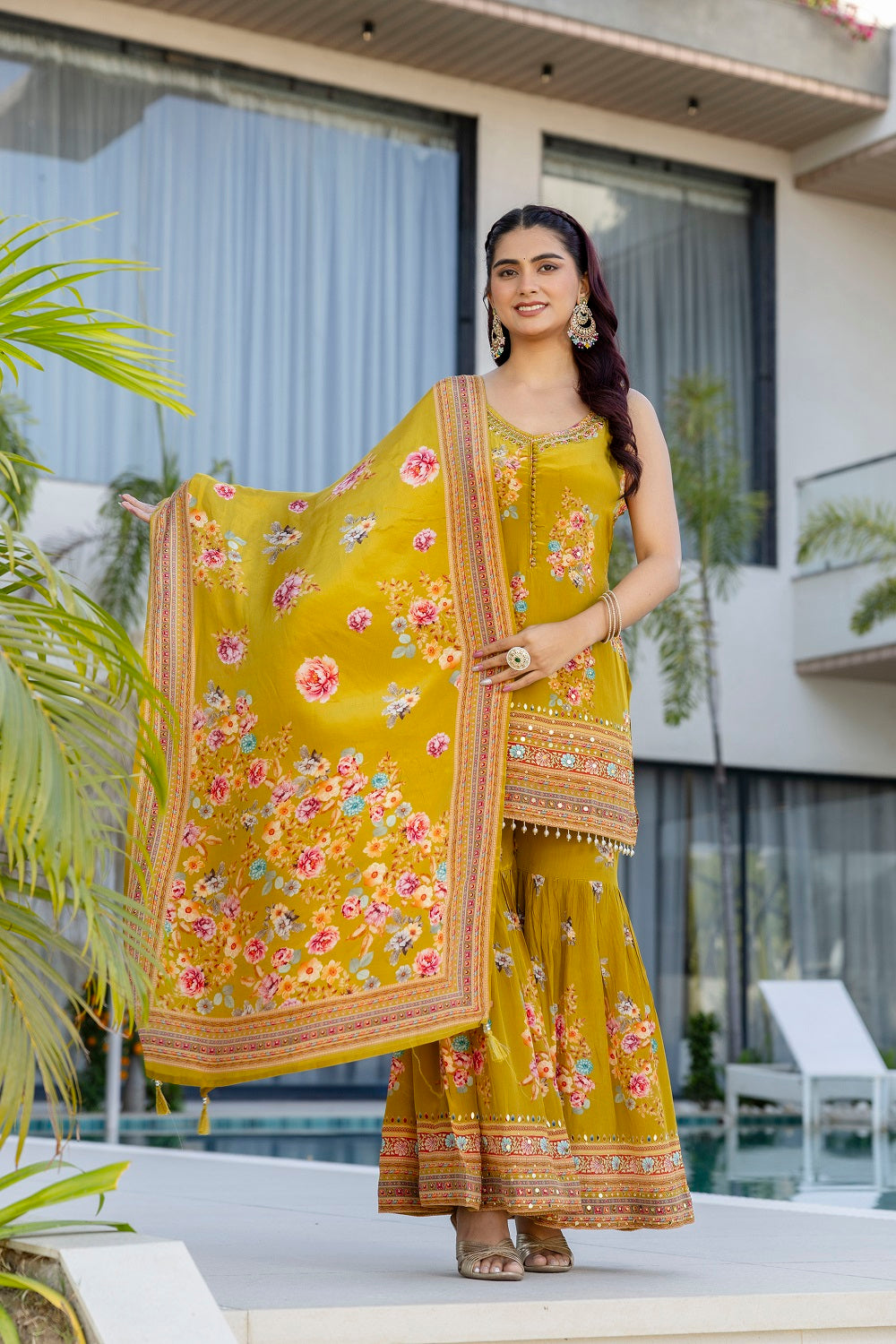 M Green Crepe Sharara Kurti 3 Pieces Set