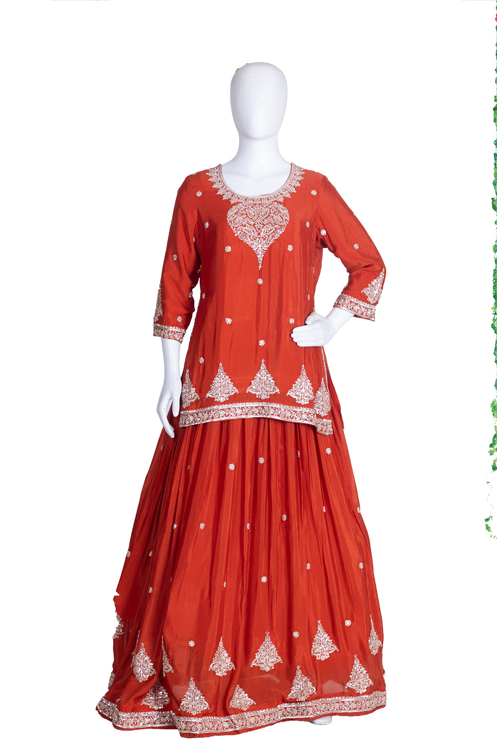 Rust Chinon Kurti With Skirt