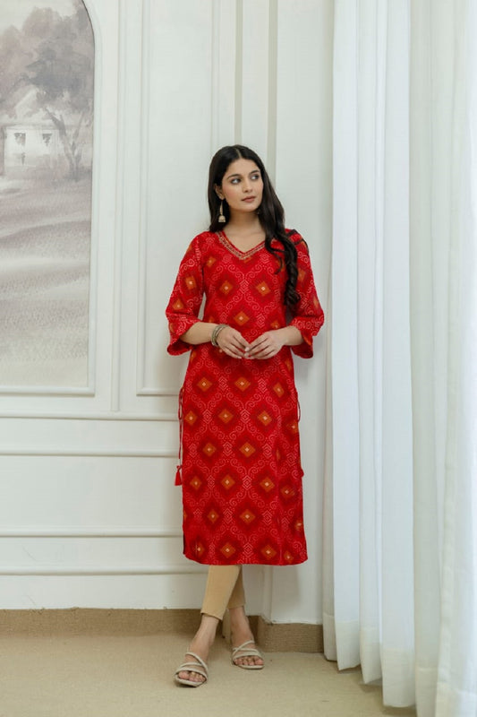 Red Rayon Handwork Straight Cut Kurti