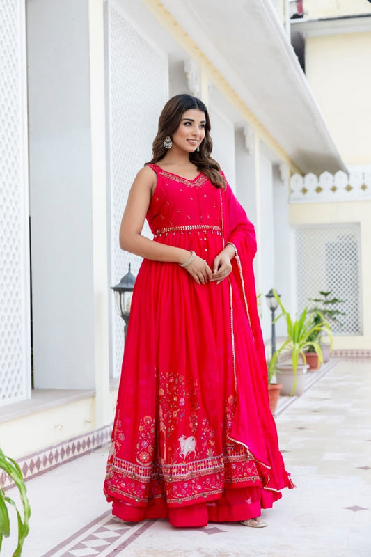 Rani Pink Chinon Skirt Kurti 3 Pieces Set