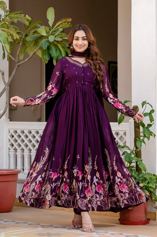 Violet Chinon Frock Kurti 3 Pieces Set