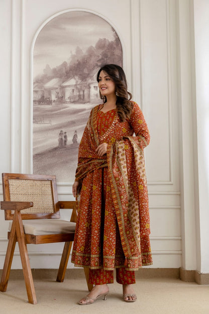 Rust Cotton Kurti Frock 3 Pieces Set