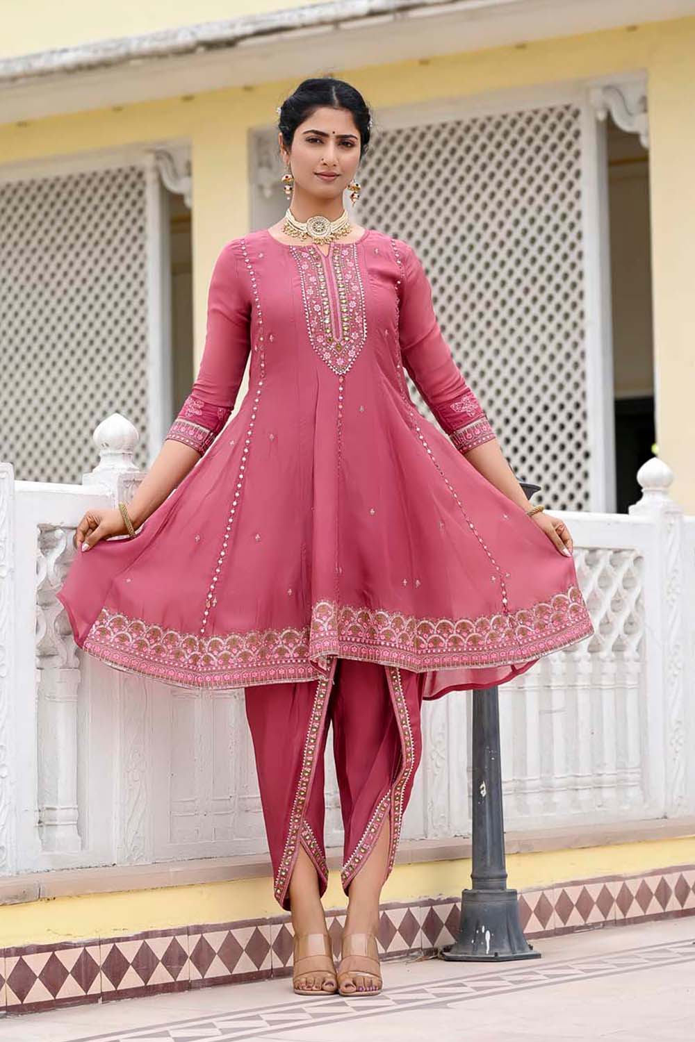 KAIRA PINK POPLON FROCK DHOTI DUPATTA SET