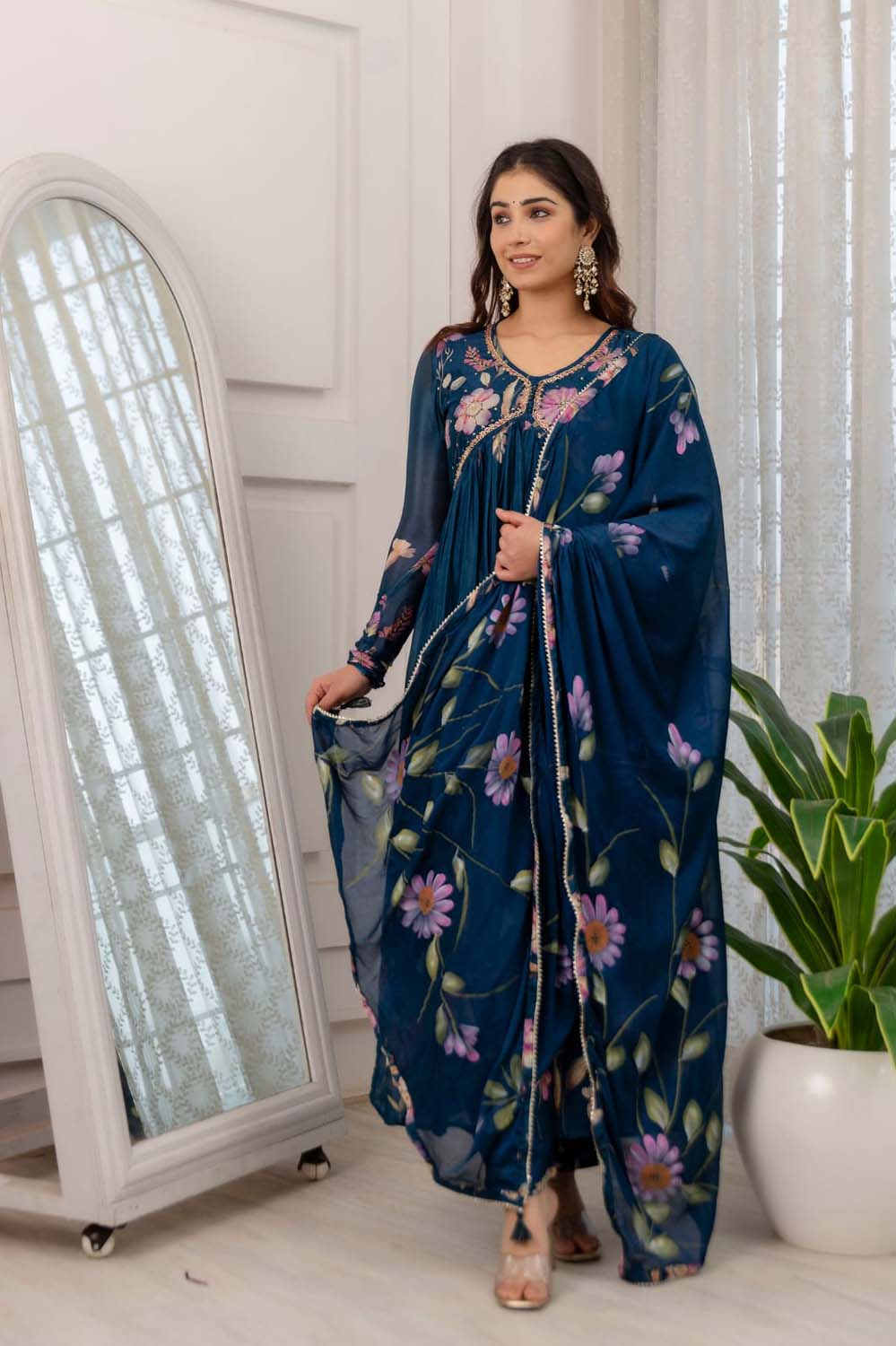 BLUE KURTI FROCK WITH PANT AND DUPATTA SET