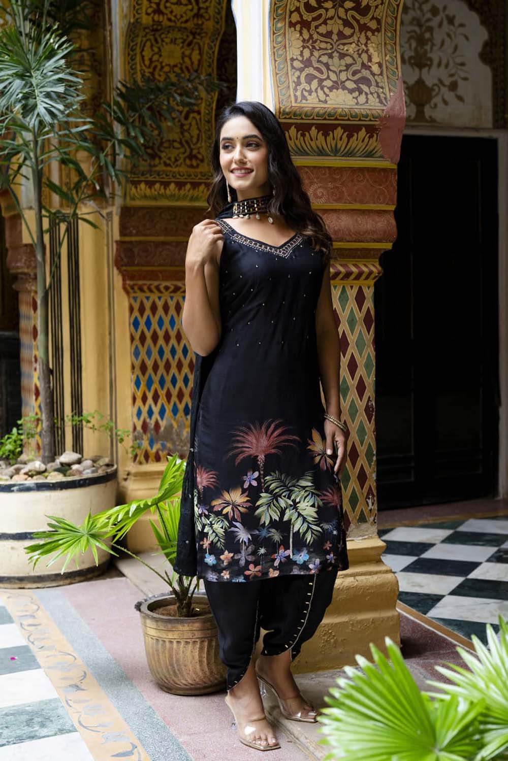 KAIRA BLACK STRAP KURTI WITH DHOTI & DUPATTA SET