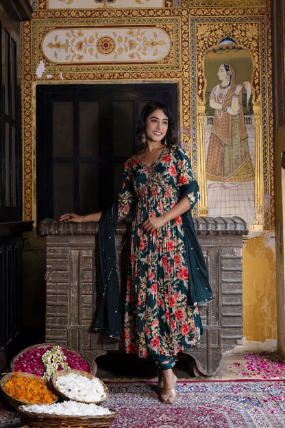 Bottle Green Chinon Aliya Cut Kurti 3 Pieces Set