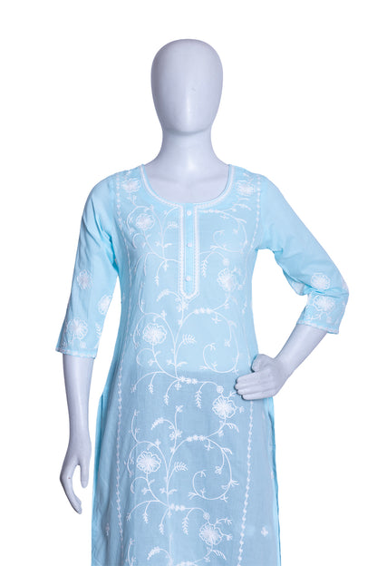 Sky Blue Cotton Aari Work Straight Kurti