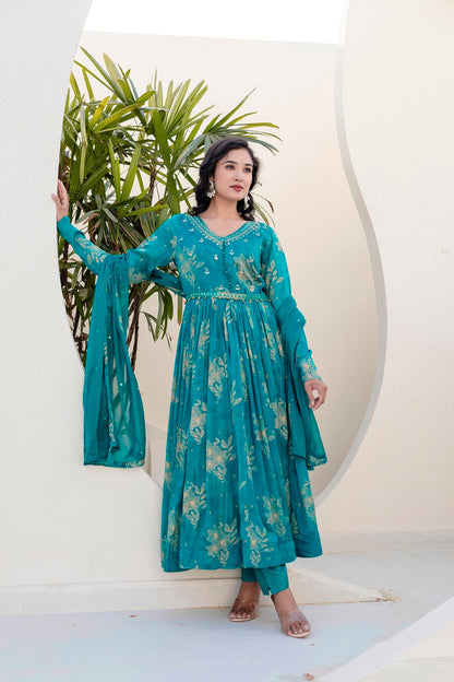 Rama Green Chinon Frock Kurti 3 Pieces Set