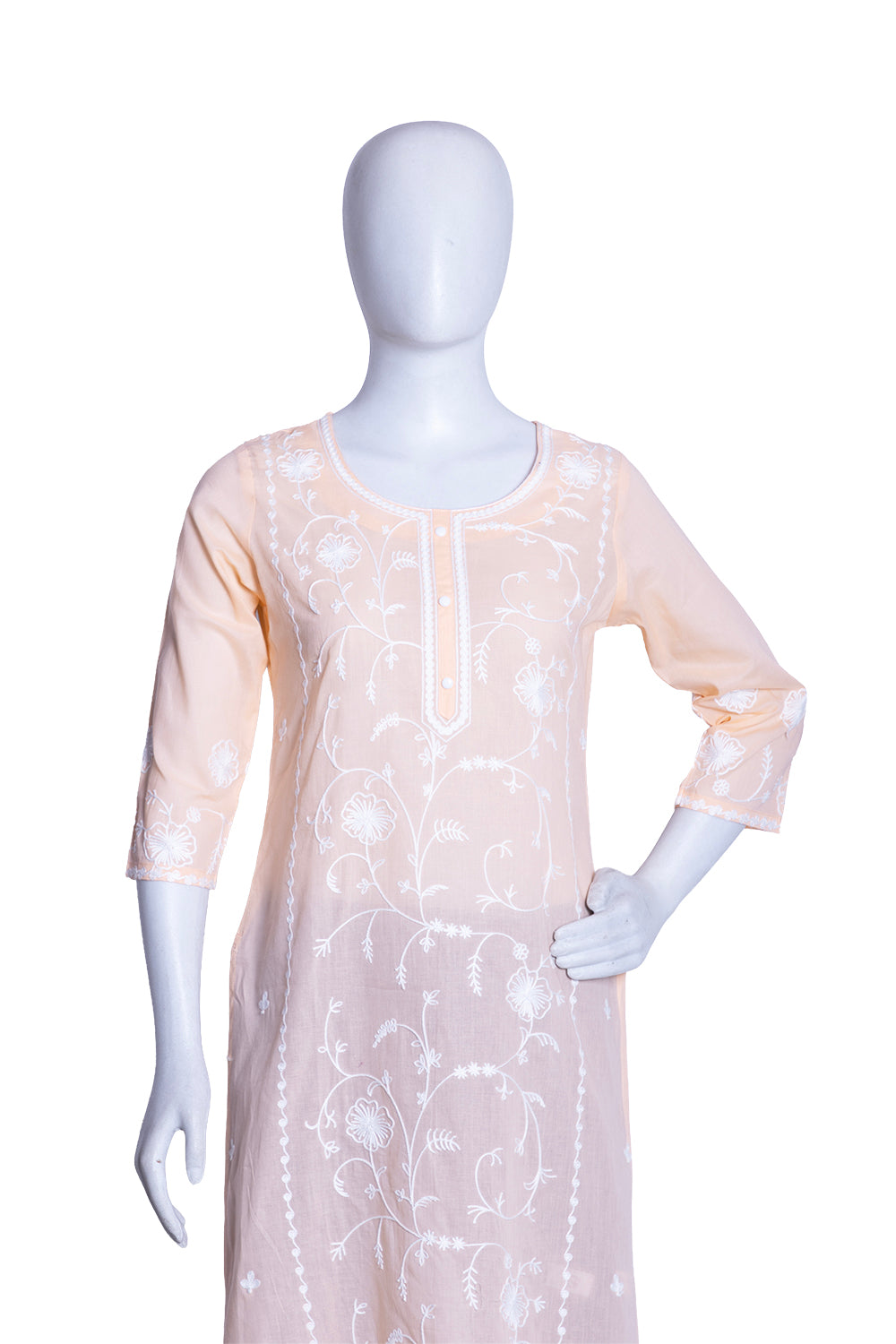 Peach Cotton Aari Work Straight Kurti