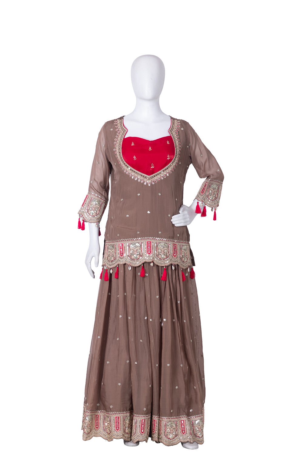 Brown Chinon Skirt Kurti 3 Pieces Set
