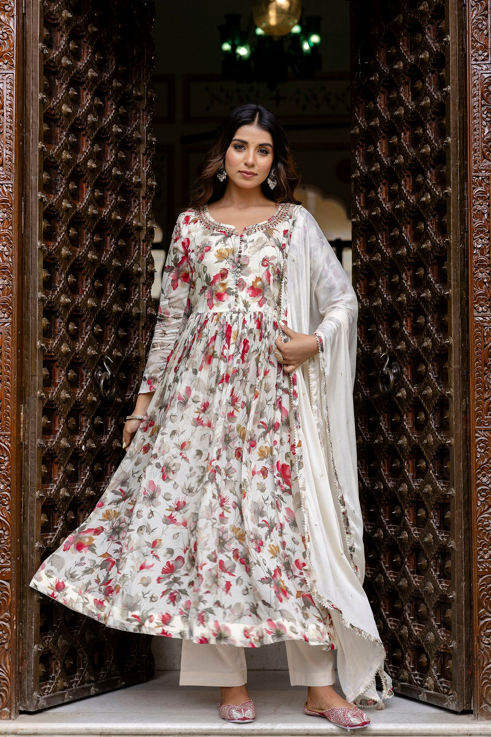 Cream Chinon Frock Kurti 3 Pieces Set