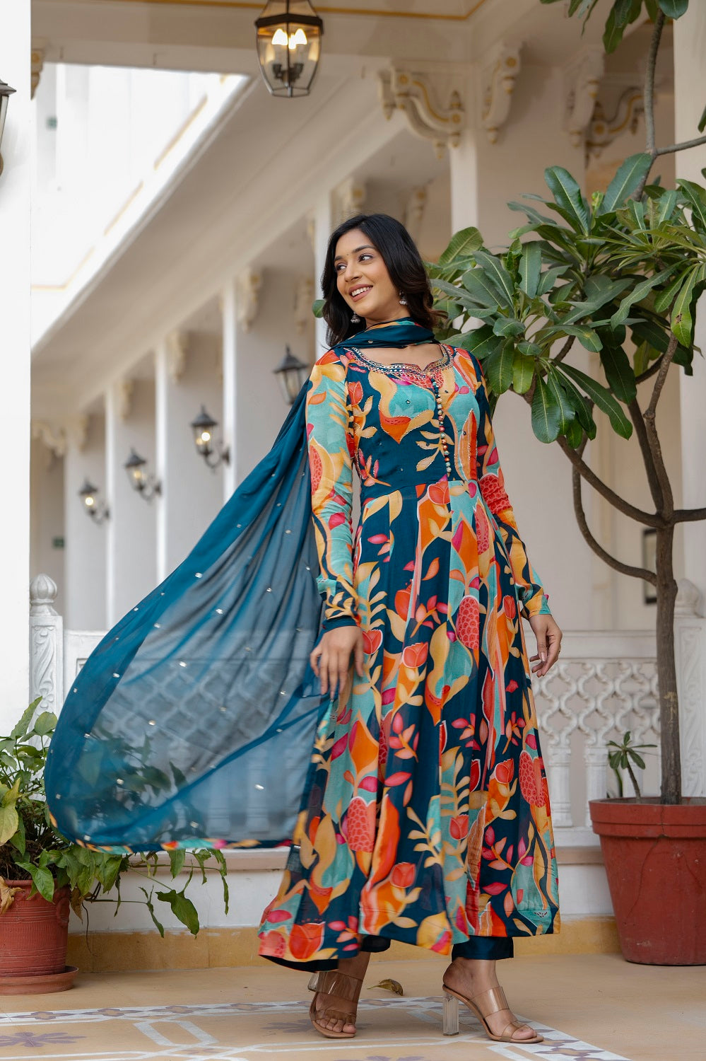 Peacock Blue Frock Kurti Pant Dup Set