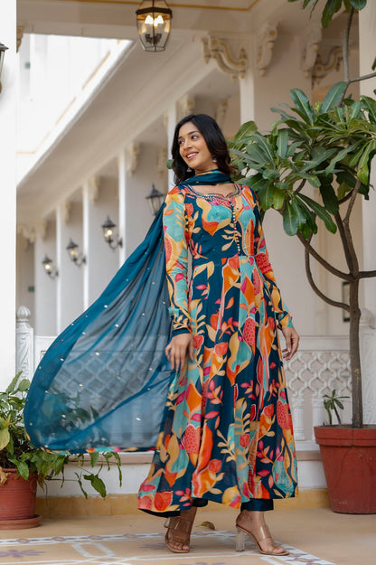 Peacock Blue Frock Kurti Pant Dup Set