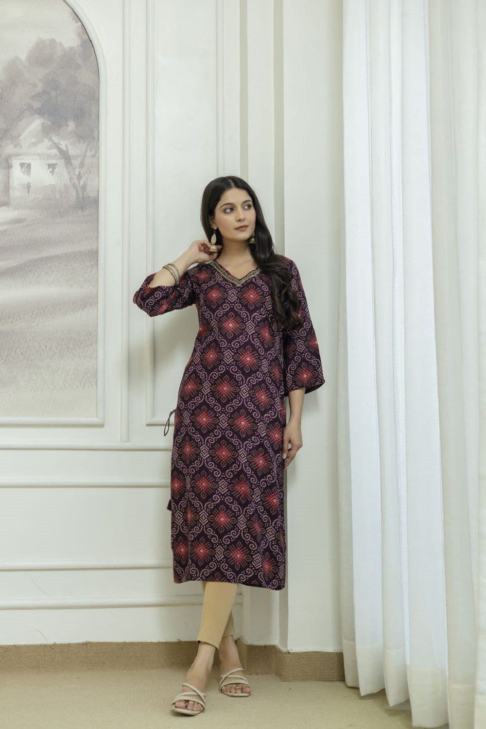 Wine Rayon Handwork Straight Cut Kurti