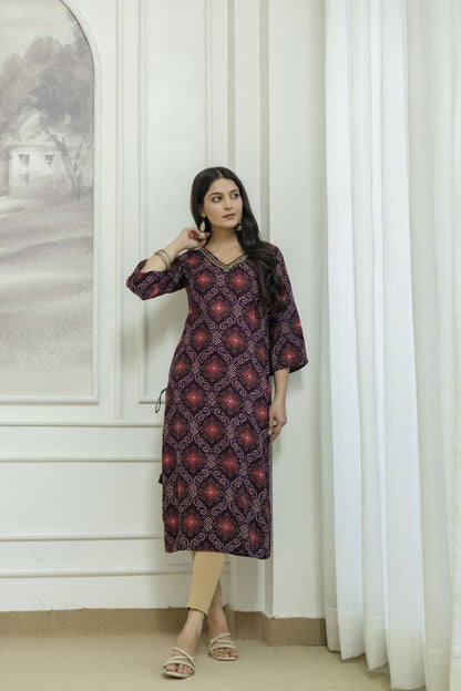 Wine Rayon Handwork Straight Cut Kurti