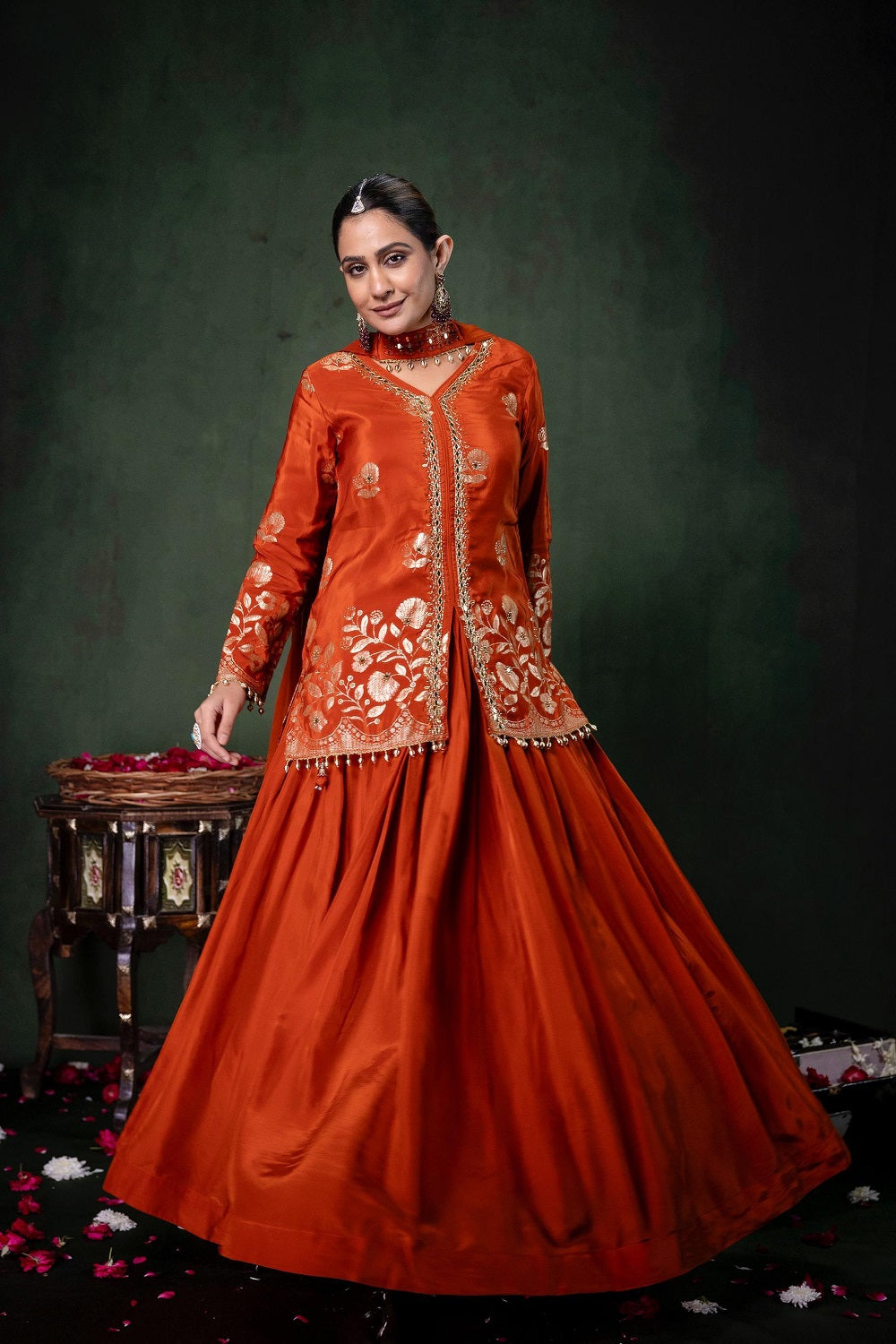 Rust Chinon Partyqueen Kurti Skirt 3 Pieces Set