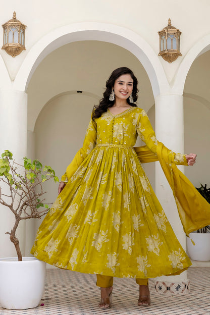 M Green Chinon Frock Kurti 3 Pieces Set