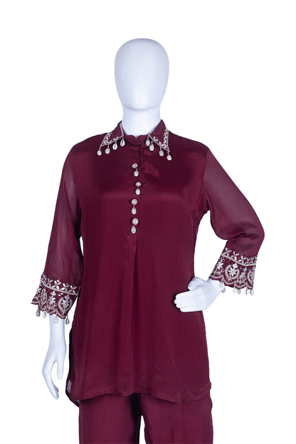Dark Maroon Chinon Kurti Pant set