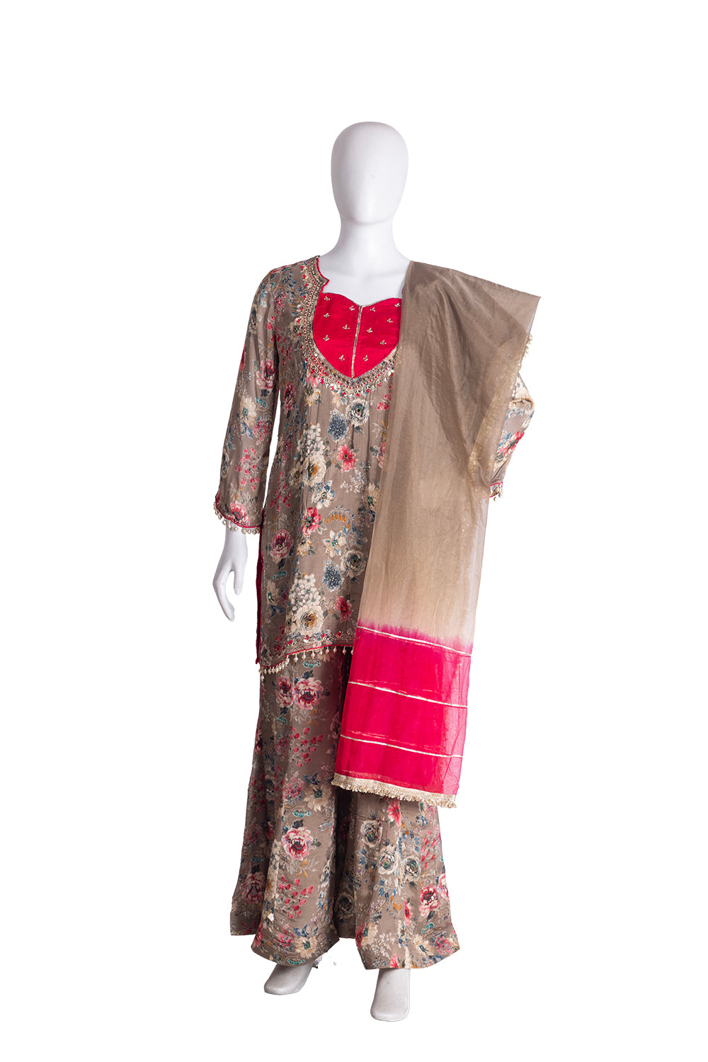 Brown Chinon Garara Kurti 3 Pieces Set