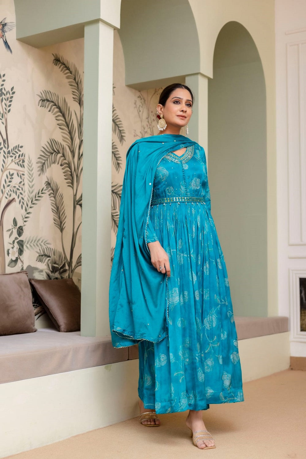 Rama Green Frock Kurti 3 Pieces Set